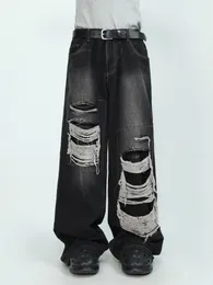 Jeans masculinos 2023 mrnearly americano high end calças jeans perfuradas para design sentido pequeno e solto perna larga reta hiphop 230904