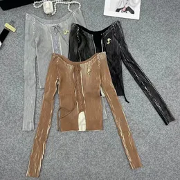 Seksi Kadınlar İnce Fit Örgü Metal Mektup Broş Sweater Streak Dantel Yukarı Üstler Örgü Uzun Kollu Bluz