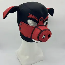 Beanieskull Caps 3D Mold Neoprene Fetisch Full Face Black Red Pig Hood Mask Unisex Standard Hats Sexig Cap No Bak Zippper Style 230904