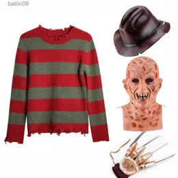 Party Masks Freddy Krueger Cosplay Costume Adult Sweater Red Striped Knitting Top Coat Hat Mask Freddie Krueger Halloween Costume for Men T230905