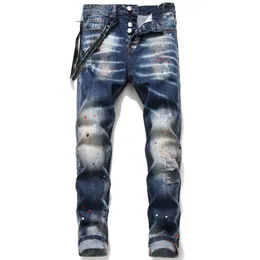 Уникальные мужские потертые рваные синие мужские джинсы скинни Модельер Slim Fit потертые мотоциклетные джинсовые брюки Байкерские брюки со вставками191w