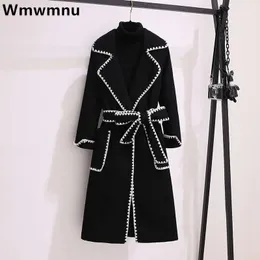 Womens Wool Blends Overdimensionerade 4xl Fall Winter Woolen Long Coats Lapel Slend Jackets med bälten Koreanska eleganta tjocka överrockar 230904