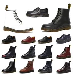 أفضل أحذية جلدية Doc Martins قصيرة Oxford Boots Mens خمر الأسود Red Knight Booties الكاحل الدراجات النارية Cowskin Designer رجال المرأة الدافئة الحذاء