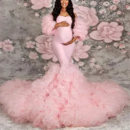 Extra puffy sjöjungfrun moderskapskamlar för fotografering av fotografering tiered ruffles gravida kvinnor klär sexiga avtagbara ärmar babyshower klänning