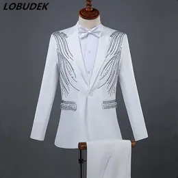 Men Formal Suits Crystals Slim Blazers Pants Suit Vocal Concert Singer Chorus Performance Costume Wedding Master Prom Compere Stag225H