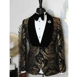 Męskie garnitury Blazers Floral Prom Mężczyźni na wesele 2 -częściowy niestandardowy Tuxedos Man Fashion Ubrania Zestaw Czarny i Złoty Blazer z spodniami 230904