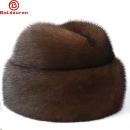 Beanieskull Caps vinter förtjockad äkta mink pälsbomberhatt för man Blackbrown tag äldre öron varm chapeau motorcykel rysk stil 230904