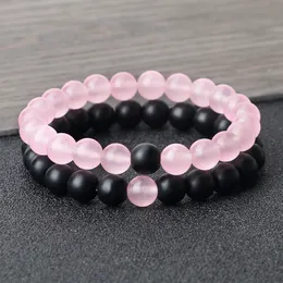 Bangle 2 Pçsset Pedra Natural Rosa Preto Grânulos Casal Distância Pulseira Para Homens Mulheres Strand Pulseiras Bangles Yoga Amante Jóias Presentes 230904