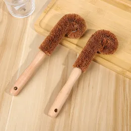 Natural pote escova faia alça de madeira pan prato escova de limpeza antiaderente pan copo escova cozinha atacado 0905