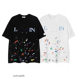 Designer Luxury Lanvins Classic Hand Painted Graffiti Speckled Short Sleeve T-Shirt för män och kvinnor Trendiga lösa och bekväma2q52