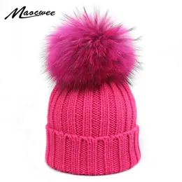 Beanie/Skull Caps Adult and Child Dyeing Pompom Beanies Winter Women's Hats Knitted Skullies Real Fur Pom pom Cap Gorros Bonnet Femme Hat For Girl 230905