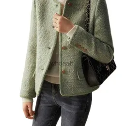 Wełniane mieszanki Women Classic Green Tweed Hand Craft Short Faux Wool Jacket Fall 2023 Slim Warem Woolen Coat HKD230904