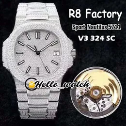 R8F V3 Upgrade Version 5711 Cal 324 S C Automatik Herrenuhr Gypsophila Diamant Zifferblatt Stahl Volldiamant Armband Sportuhren Hel288w