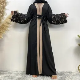 Abbigliamento etnico Pizzo Donna Musulmano Abaya Dubai Turchia Arabo Islamico Ramadan Aperto Cardigan Abito Caftano Abito Kimono Jilbab Caftano Femme