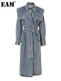 Womens Trench Coats EAM Women Blue Denim Big Size Long Lapel Sleeve Loose Fit Windbreaker Fashion Spring Autumn 17A4709 230904