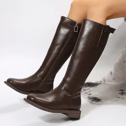 Boots 2023 mode ritsleting samping sepatu bot panjang wanita musim gugur dingin hak tebal setinggi lutut coklat tabung tinggi Pu kulit Botas Mujer 230905