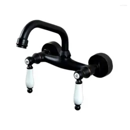 Kitchen Faucets Black Oil Rubbed Bronze Wall Mounted Dual Porcelain Handles Bathroom Vessel Sink Faucet Mixer Taps Ahg001