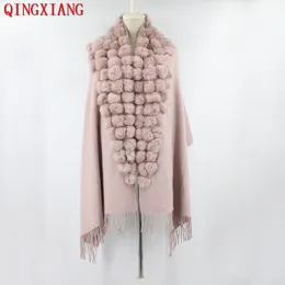 Womens Fur Faux Fashion Triangle Real Rabbit Ball Shawn Winter Women Cashmere Tassel Cape Pompon Cloak Lady Mother Gift Casaco Feminino 230904