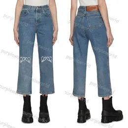 Jeans kvinnor lös raka ben åtta blå jeans smala mode ihåliga broderi design casual byxor