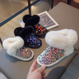 Buty zimowe buty śniegu małe dzieci dziewczynki futrzane buty 1-9y dzieci mody ciepłe botki bling pluszowe mieszkania dzieci na świeżym powietrzu 230905