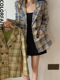 Womens Suits Blazers Blends Colorfaith JK6100 Womens Blazers Oversized Plaid Buttons Pockets Jackets Notched Vintage Checkered Spring AutumnTops 230906