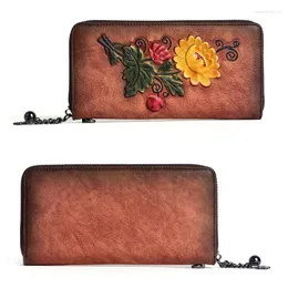 Wallets Women Men Real Cowhide Long Wallet Money Handy Bag ID Card Holder Embossed Floral Genuine Leather Zipper Clutch Wrist Bags Purse