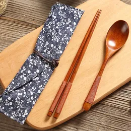 Baguettes portables en bois massif, vaisselle de Style japonais et cuillère avec sac en tissu, ustensiles de cuisine, ustensile de cuisine