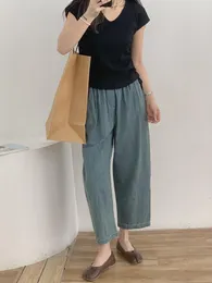 Pantaloni da donna sottili allentati Demin Harem Pant da donna alla caviglia 2023 Estate femminile blu elastico in vita casual pantaloni Capri di base con tasche