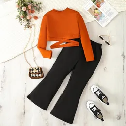 Clothing Sets 8-12 Year Old Girl Orange Z-shaped Hollow Long-sleeved T-shirt Paired With Fashionable Black Bell-bottom Pants Suit