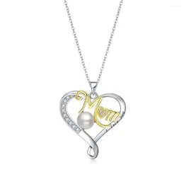 Chains BONISKISS 925 Sterling Silver Moms Love Necklace Heart Pendant For Morther's Day Shining Zircon Pearl Two-tone Jewelry Xmas Gift