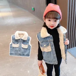 Gilet Rompi Denim, anak laki laki e perempuan Tank Top, lembut bulu tebal musim gugur dingin 2023 pakaian mantel anak anak baru modis 230905