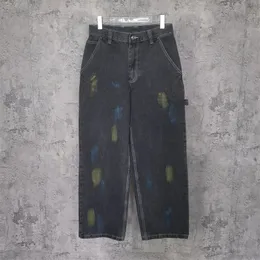 Men's Pants MM6 Speckled Graffiti Super Large Jeans High Street Vintage Wash Black Straight Leg Denim Casual 230906