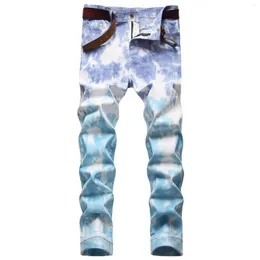 Calças de brim masculinas homem pintado à mão retalhos cor reta calças de contraste para homens solto ajuste estiramento denim calças y2k homem roupas