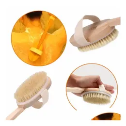 Bath Brushes Sponges Scrubbers Wooden Cleansing Brushes Natural Bristle Body Brush Masr Shower Long Handle Back Spa Scrubber 7X42 Dh2Vr