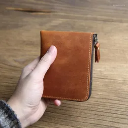 Wallets Handmade Retro Genuine Leather Short Men's Wallet Crazy Horse Zipper Money Clip Layer Cowhide Ultra-thin Purse