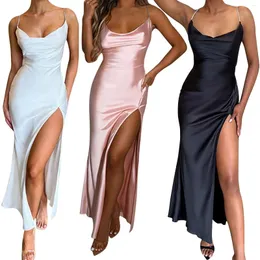 Casual Dresses Women Satin Dress Sleeveless Spaghetti Strap Cowl Neck Summer Ruched Bodycon High Slit Formal Turtleneck