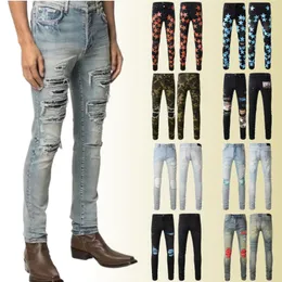 Men's Distressed Ripped Skinny Jeans Fashion Mens Motorcycle Moto Long Off Cotton Slim Feet High Street Denim Light Blue Past239r