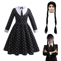 Cosplay Mädchen Mittwoch Cosplay Karneval Kostüm Vintage Schwarz Gothic Outfits Halloween Kleidung Kinder Druck Kragen Kleid für 3-12 Jahre 230906
