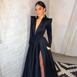 Simple Black Long Meramid Evening Dresses high Side Split deep V-neck stain Long Sleeves Formal Prom Dress Arabic Dubai Party Gowns