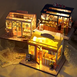 Doll House Accessories Wooden Miniature Building Kit DIY Sushi Store Cake Shop Flower Shop With Furniture Assembly Model Dollhouse Children Adult Gift 230905