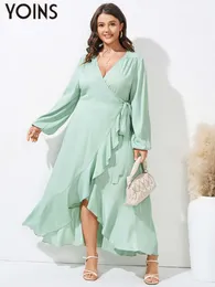 Plus storlek klänningar yoins storlek rufsed maxi dres långärmad sexig v halsbandage wrap elegant parti vestidos casual fasta knutna mantel 230905