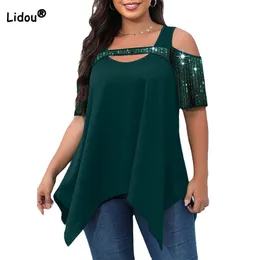 T-shirt taglie forti da donna Abiti estivi per donna Scava fuori Moda irregolare Collo con paillettes Manica corta Top verde nerastro 230906