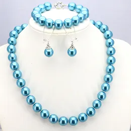 Bröllopsmycken Set Blue Glass Pearl Necklace Set 12mm Necklace 18 "Armband 7.5" Earring Women Jewelry Making Design 230906