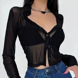 Kobiet Polos Sabinax Woman Mesh Sexy Cardigan Summer Girl cienki filtra przeciwsłoneczne Modna czarna płaszcza Długie Krótka koszula Women Odzież 230905