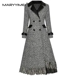 여성 양모 블렌드 Maryyimei Fashion Woolen Clock Plaid Windbreaker Overcoat Autumn Women Double Breasted Tassel Long Sleeve 230905