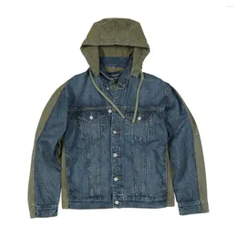 Men's Jackets Army Green Stitching Denim Jacket Men Cargo Hooded Jeans Outerwear Fashion Loose Patchwork Male