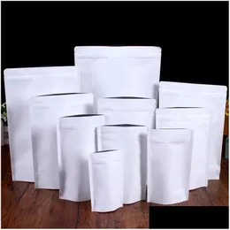 Förpackningspåsar grossist Stand Up White Kraft Paper Bag Aluminium Foil Packaging Pouch Food Tea Snack Lukt Proof Researble Drop Deliv Otie4