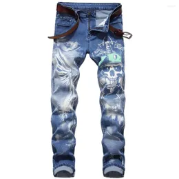 جينز الرجال الضيق الرجال 3D طباعة نمط الشارع أزياء الممتدة رجل جان غووتي الأزرق الدنيم بانتالونس هومبري الفقرة سراويل