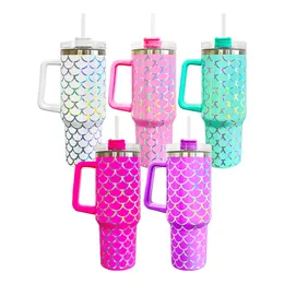 Wholesale bulk Vacuum Insulated Travel Coffee Mug designer mermaid 40oz tumbler with lid and straw fish scales print beer mug water bottle For coffee cold drinks