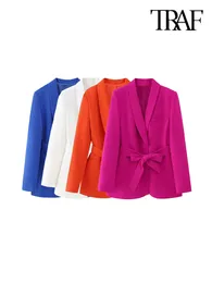 Trajes para mujer Blazers Blends TRAF Moda para mujer con cinturón Frente Botón oculto Blazer Abrigo Vintage Manga larga Bolsillos con ribete Ropa exterior femenina Vestes elegantes 230906